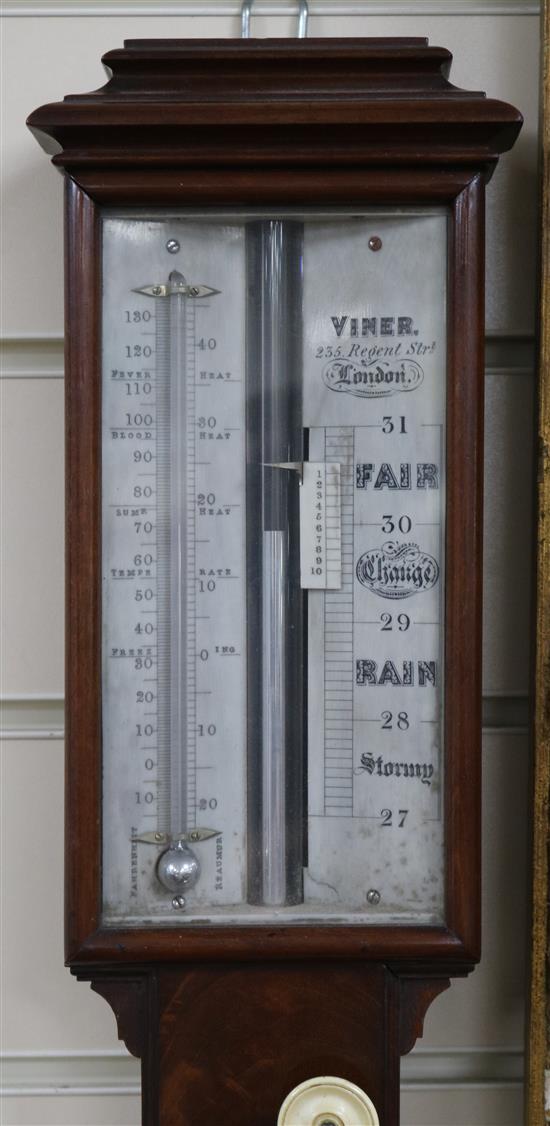 An early Victorian flame mahogany stick barometer, W.13cm